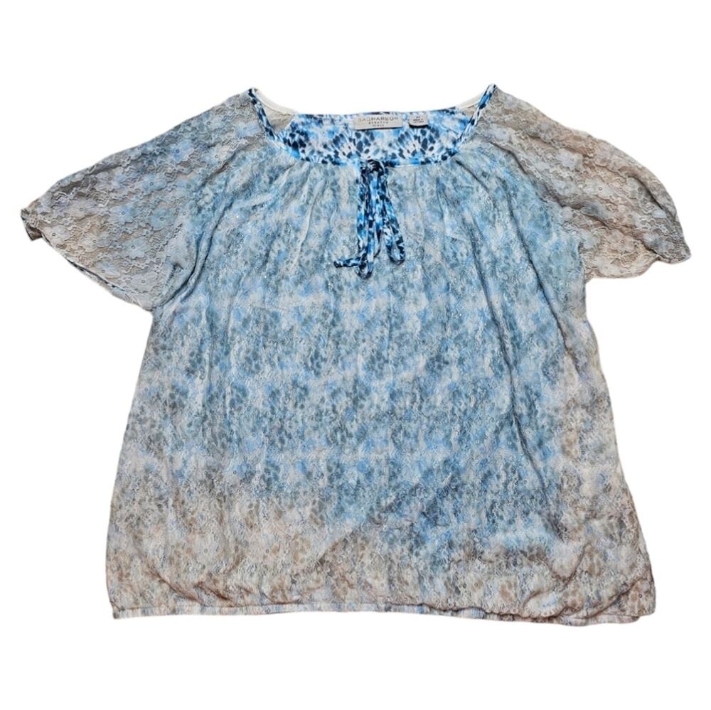 Sag Harbor Stretch Sky Blue Tie Dye Lace Overlay Short Sleeve Blouse 3X
